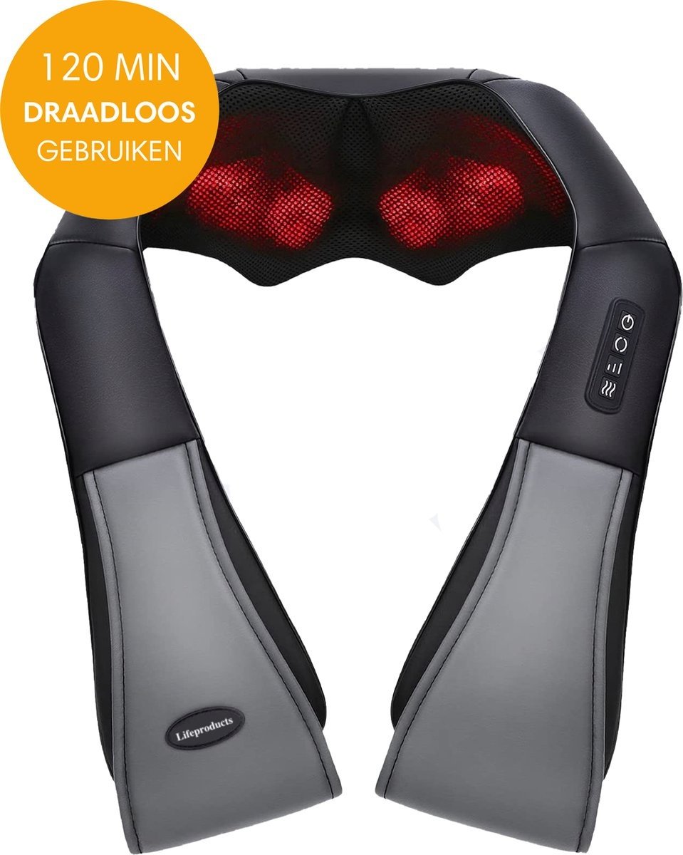 Lifeproducts Wiederaufladbares Shiatsu-Massagekissen - Kabelloses beheiztes Nacken- und Rückenmassagegerät