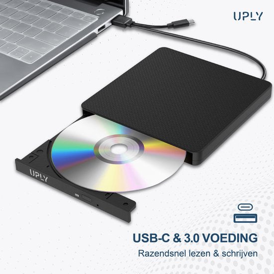 UPLY - Externer DVD-Player - Windows und Mac - USB C und USB 3.0 - Externer DVD-Player für Laptop - Externer DVD-Player und Brenner - CD