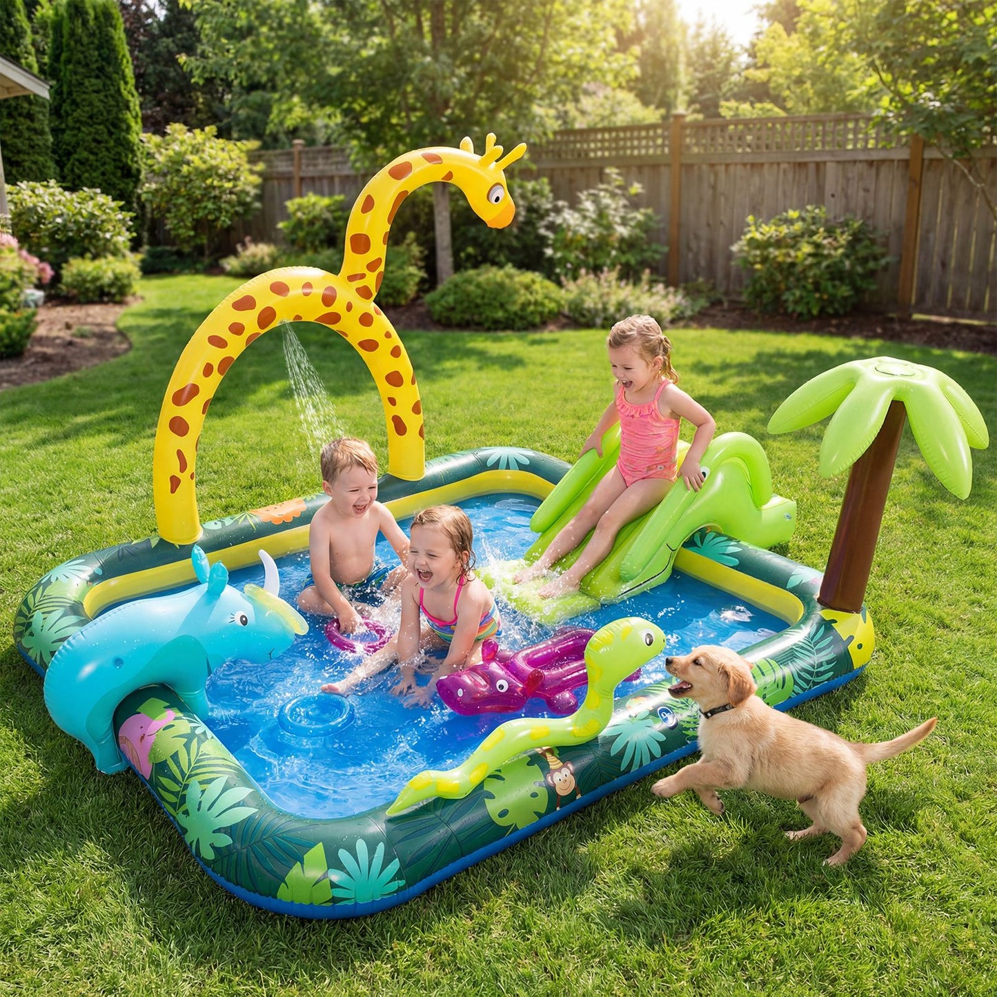Coast „Tiere im Dschungel“ – Aufblasbares Schwimmbecken mit Rutsche und Sprinkler – Ringwurfspiel – Wasserspielzentrum für Kinder – 208 x 178 x 138 cm – Mehrfarbig