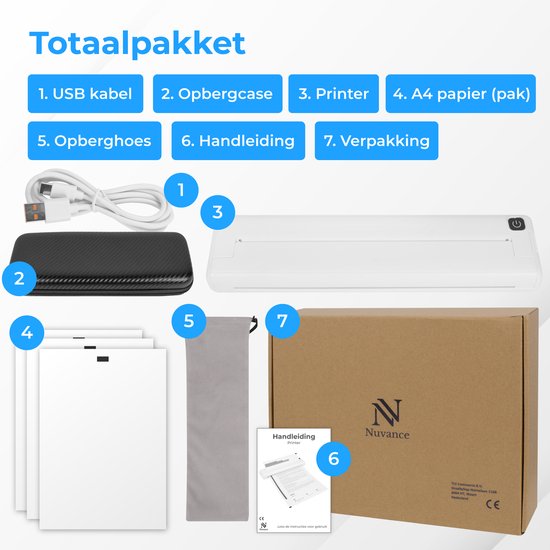 Nuvance - Kabelloser Drucker - Thermodrucker - Bluetooth - Mini-Drucker - A4 - Tragbarer Drucker - für zu Hause, Schule, Büro und unterwegs - Thermodrucker - keine Tinte erforderlich - tragbarer mobiler Drucker