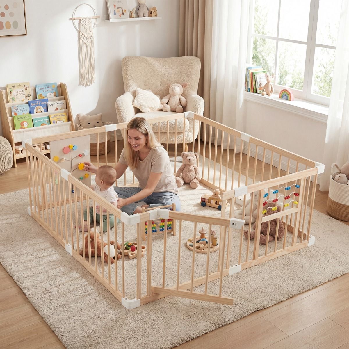 Coast Holz-Spielbox für Kleinkinder – Abschließbare Doppeltür – Verstellbarer Spielzaun – Naturfarben