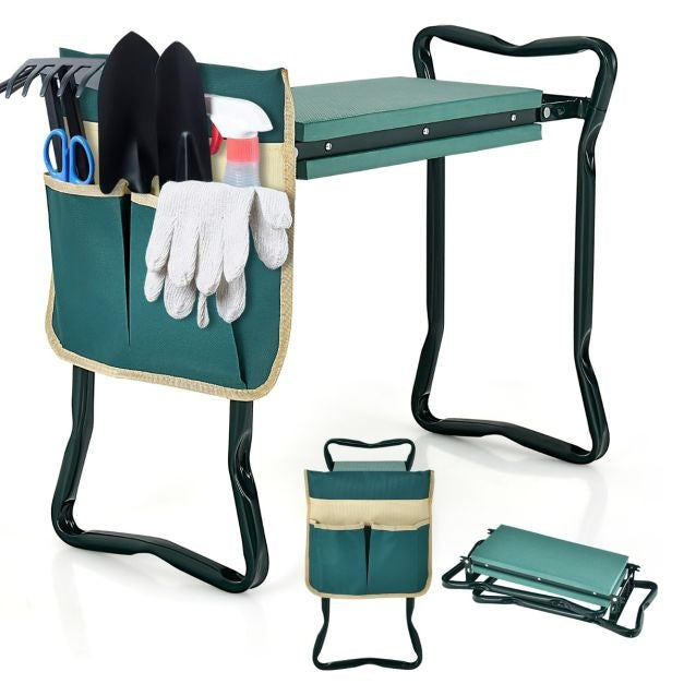 Faltbarer Gartenhocker mit EVA-Kissen 2 in 1 Gartenhocker mit Metallrahmen und 1 großer Werkzeugtasche 150KG Last für Gartenarbeit Grün