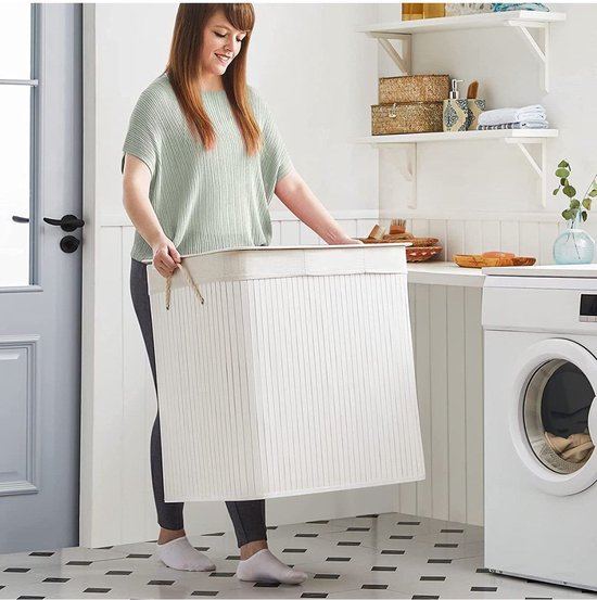 SONGMICS – Wäschekorb 150 Liter – 3 Sortierfächer – 60 x 40 x 61,5 – Bambus mit Stoffbezug – weiß LCB091W01