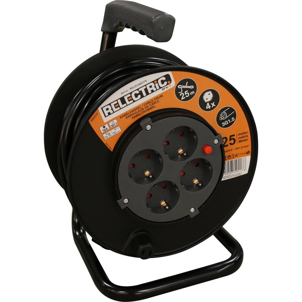 Relectric Kabelrolle – 25 Meter – 3 × 1,5 mm – 4 Steckdosen – Schwarz