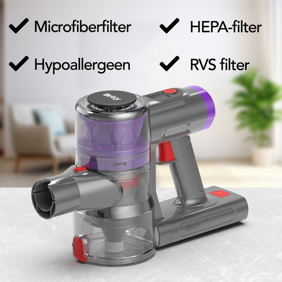 Brixy Stahlstaubsauger, kabellos – 30 kPa Saugkraft – 50 Min. Betriebszeit – Mehrere Filter – Handstaubsauger – Kabelloser Staubsauger – Vacuum Cleaner – Grau/Lila