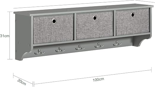 SoBuy FRG282-HG Wandgarderobe – 3 Körbe & 5 Haken – Grau – 100 x 20 x 31 cm