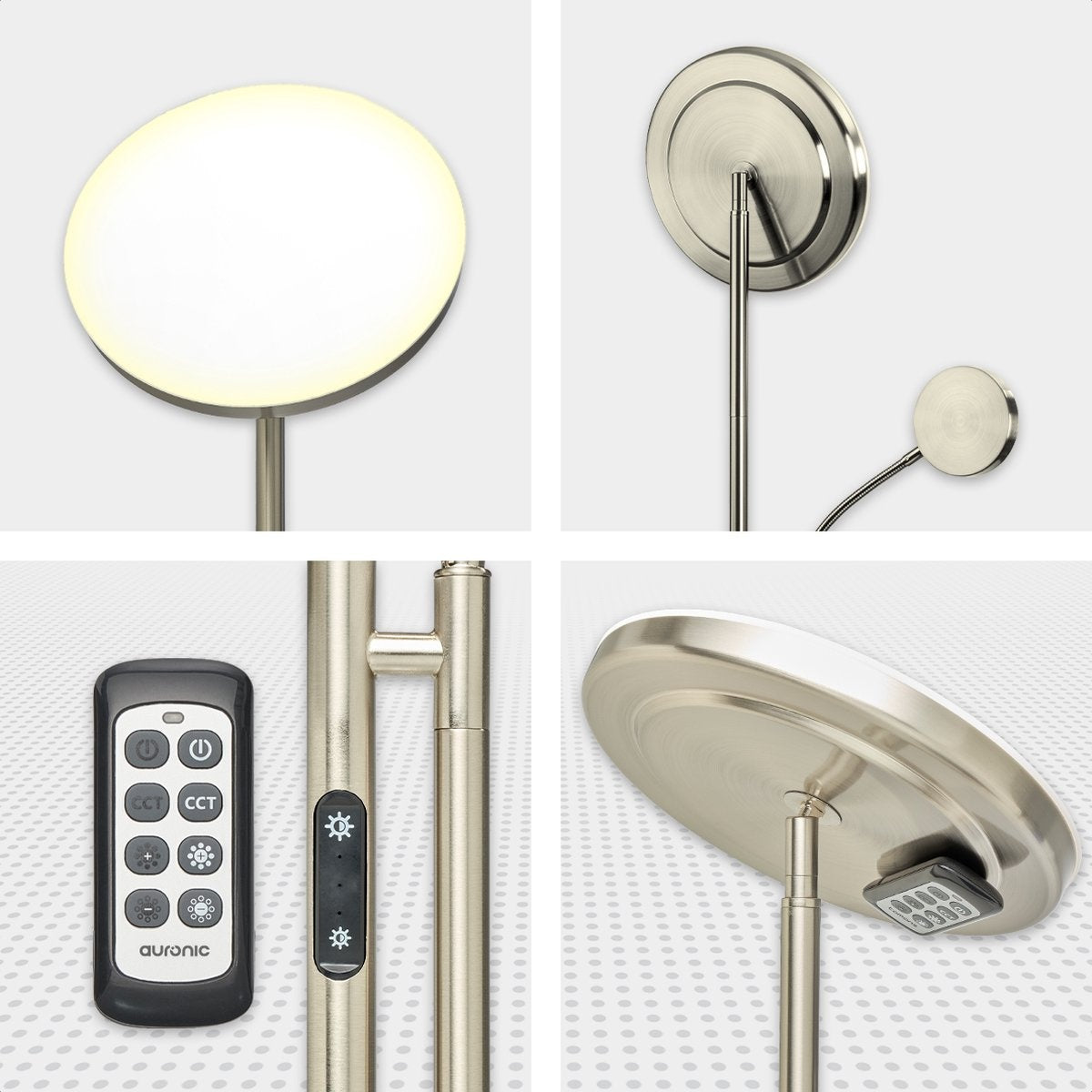 Auronic Stehleuchte - Stehleuchte Industrial - 181cm - LED - Dimmbar und neigbar - mit Fernbedienung - Geeignet für Wohnzimmer - Silber