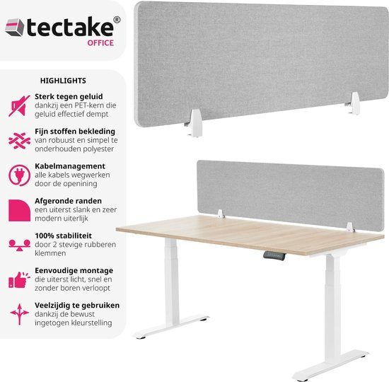 tectake Schreibtisch-Trennwand Noisy - Mit schallabsorbierendem PET-Kern - Inklusive 2 Befestigungsclips - Größe (LxB) 160 x 40 cm - Grau