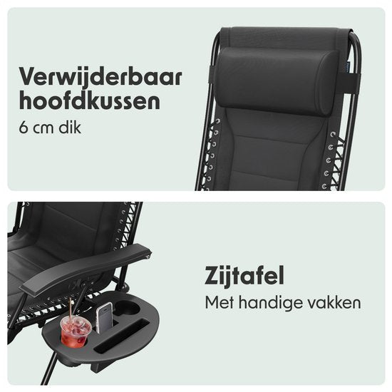 LifeGoods Lounger Comfort - klappbar - 30°-90° verstellbar - Tassen- und Telefonhalter - Gartenstuhl - Schwarz