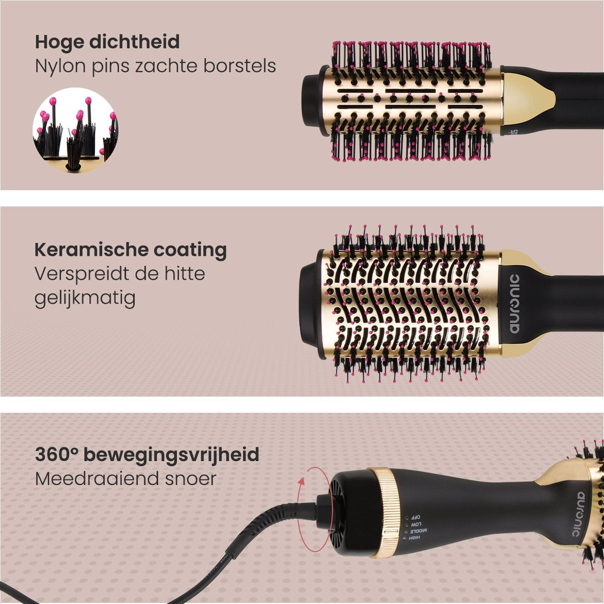 Auronic 3-in-1 Haartrocknerbürste Lockenbürste Glätteisen Schwarz/Gold