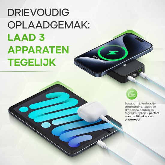 iSetchi MagSafe powerbank 12000 mAh - Kleine Größe - Magnetisch & kabellos - Externer Akku - Tragbares Ladegerät - Notfallpaket - Geeignet für Apple iPhone 12/13/14/15/16 - Schwarz