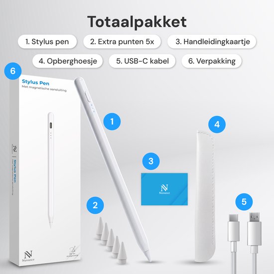 Nuvance Stylus-Stift – Geeignet für Apple iPad 2018–2026 – Touchscreen-Stift – Inkl. 6 Spitzen – Pencil