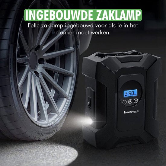 Travelhawk Compressor Tyre Pump - Elektrische Fahrradpumpe - Luftkompressor - Elektrisch 12V - 30 L/Min - 100psi - Tragbar - für Auto, Fahrrad, Motorrad