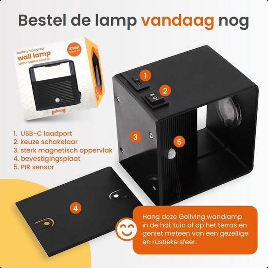 Goliving Wall Lamp Rechargeable - Wandleuchte für Innenräume - Kabellos - Mit Bewegungssensor - USB-C - 4400 mAh - Warmweißes Licht - 10 x 10 x 10 cm - Schwarz