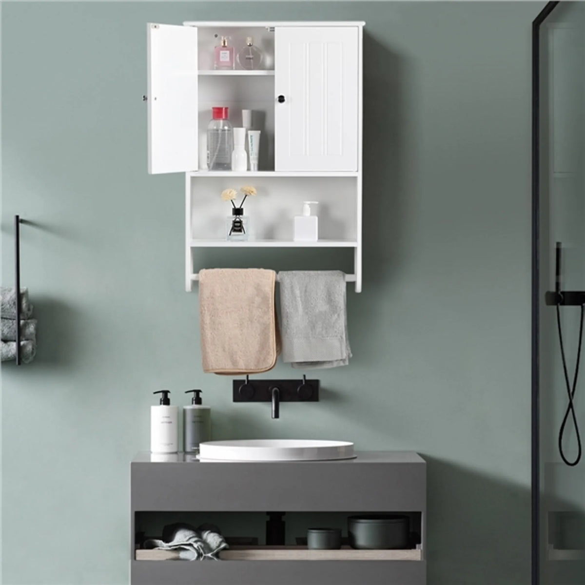 Yaheetech Wandschrank für das Badezimmer – Weiß – 48,5 x 14 x 73 cm – Handtuchhalter, offenes Fach, verstellbare Einlegeböden