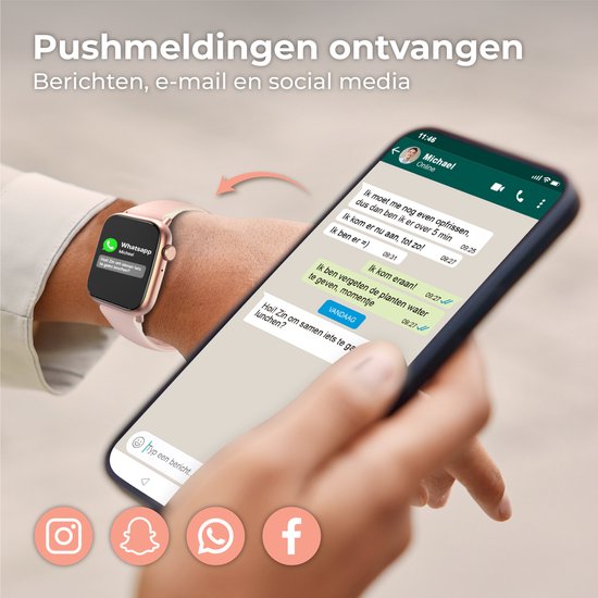 Nuvance - Smartwatch Männer & Frauen mit Bluetooth - 45mm - Geeignet für alle Smartphones - Schrittzähler und Herzfrequenzmesser - Wasserdicht - Hellrosa