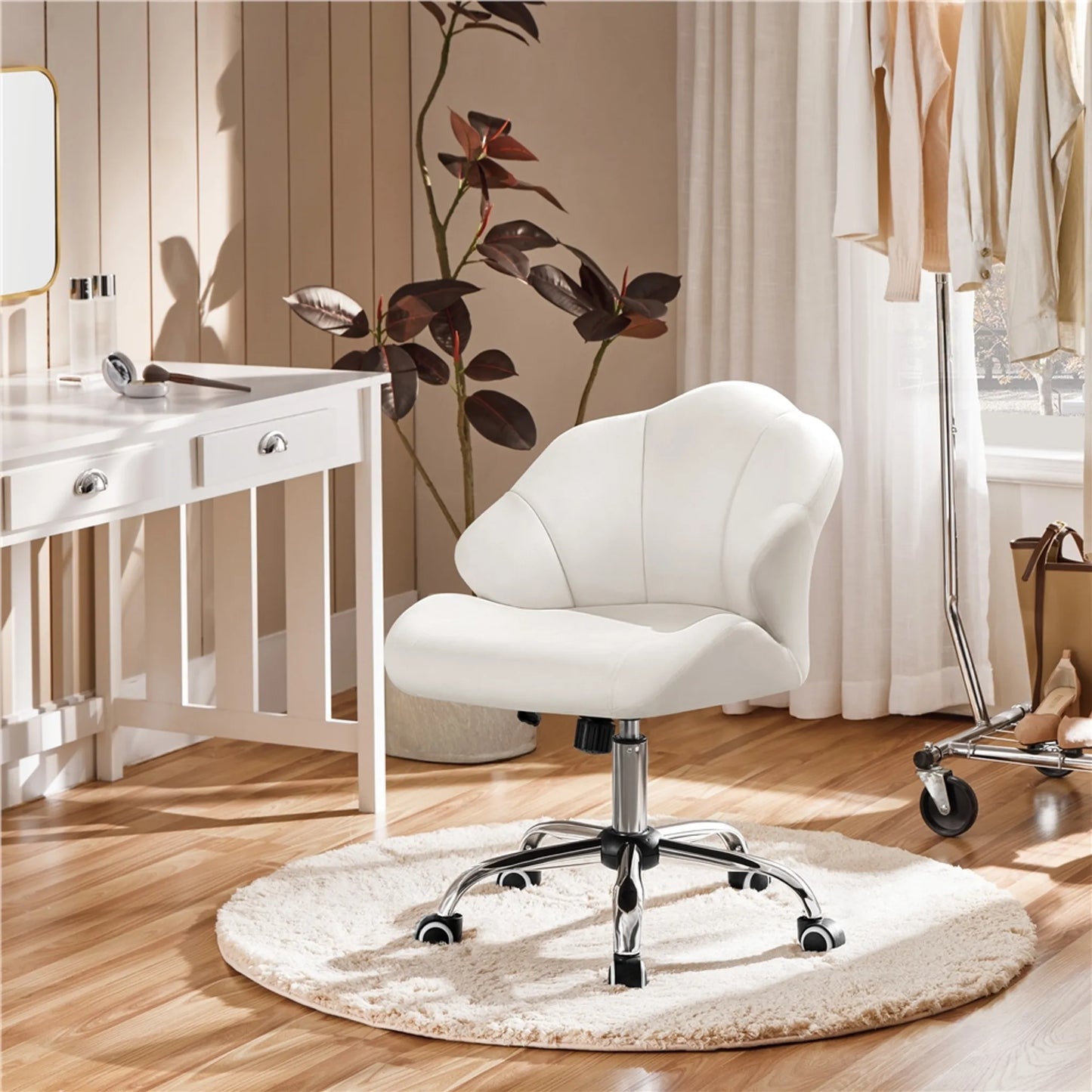 Yaheetech Bürostuhl Shell-Shaped - Features Swing-Funktion und höhenverstellbare Gaslift und gepolsterte Rückenlehne - für Home-Office und Schlafzimmer - Weiß Polyester und Metall - 60 x 60 x 76,5-86 cm