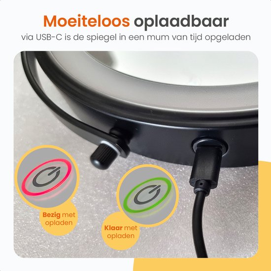 Goliving Make-up-Spiegel mit Beleuchtung - Ø25 cm - 10-fache Vergrößerung - Dimmbarer Make-up-Spiegel - Rasierspiegel - LED-Beleuchtung - USB-C wiederaufladbar - Doppelseitig - 27 x 27 cm - Schwarz