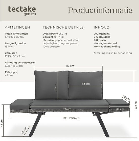 tectake® 2-in-1 Geflecht-Gartenbank Sintra - Verstellbare Handläufe - Gartenset - Liege - Balkon-Lounge-Bank - Inkl. Kissen - Outdoor-Lounge-Sofa - UV- und witterungsbeständige Sonnenliege - Grau