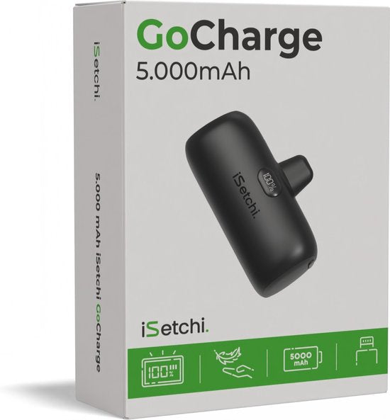 iSetchi Mini Powerbank 5000 mah - Kompakte Größe - Externer Akku - Integriertes Kabel - Notfallpaket - Lightning Kabel - LED Anzeige - Geeignet für iPhone - Schwarz