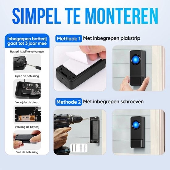 Strex - Funk-Türklingel - mit 2 Batterieempfängern - 300 Meter - 4 Lautstärken / 58 Melodien - IP55 Wasserdicht - Schwarz