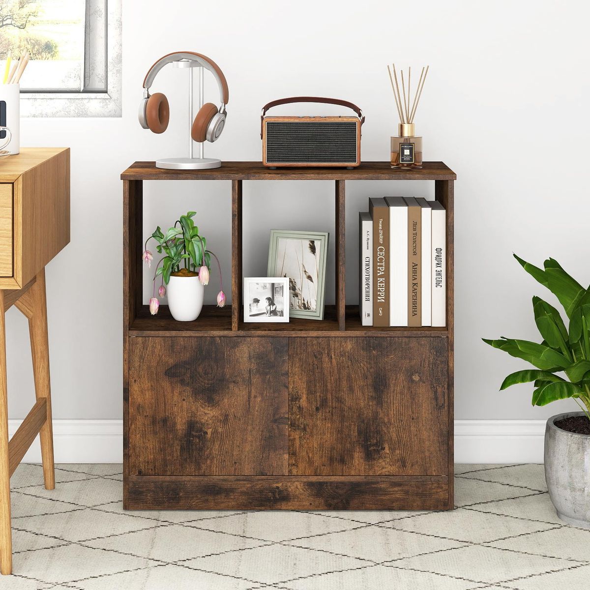 Coast Bücherregal mit 3 offenen Fächern und 2 Türen – modernes Design – braun – 70 x 30 x 70 cm