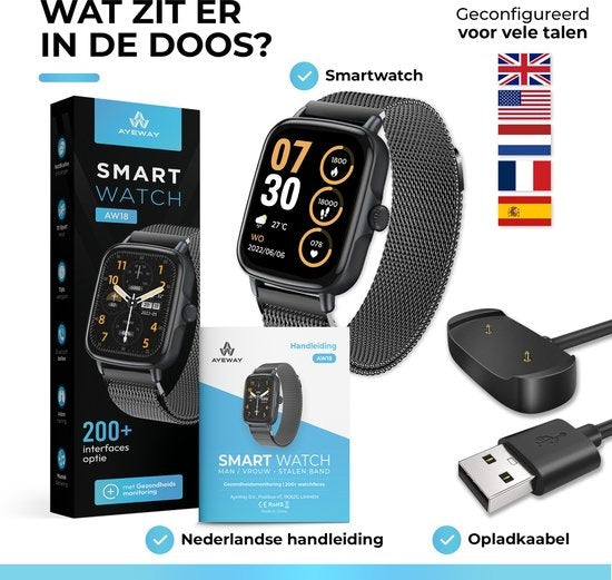 AyeWay Smartwatch - Stahlband - Wasserdicht & Touchscreen - 70 Sportmodi - Mit App - Smartwatch Männer & Frauen - Schwarz