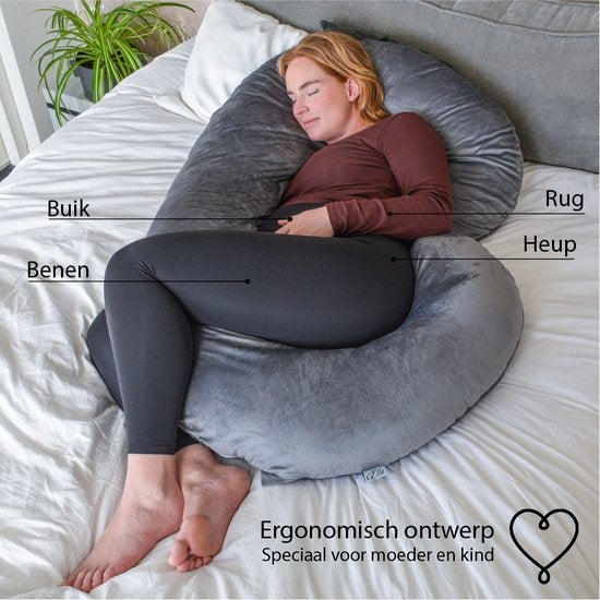 EL Life Umstandskissen XXL C-Form - Stillkissen - Seidenschlafkissen - Körperkissen - abnehmbarer Minky-Vliesbezug - 150x70cm - Grau