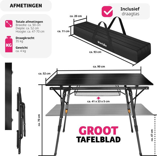 tectake - Aluminium Campingtisch Campingtisch - klappbar - höhenverstellbar - LxBxH: ca. 90x52x47cm - schwarz - 404983