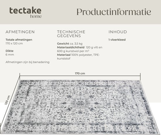 tectake® Teppich im Vintage-Design – Dalia – Kurzflor-Teppich für Wohnzimmer, Kinderzimmer, Schlafzimmer oder Flur – Waschbar – Verschiedene Größen – 120 x 170 cm – grau