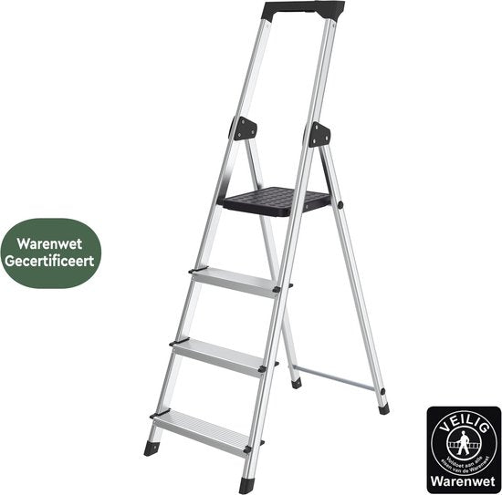 BRASQ Haushalts-Stufenleiter 4 Stufen Silber - klappbare Aluminium-Küchen-Stufenleiter für den privaten und professionellen Einsatz - Leiter - Rutschfest