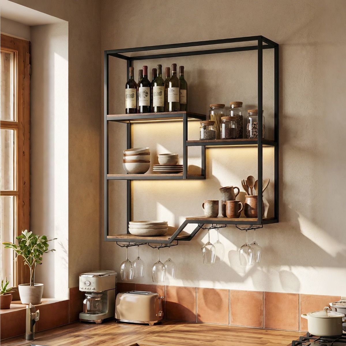 Coast Weinregal zur Wandmontage – 6 Ebenen – Flaschen- und Glashalter – braun und schwarz