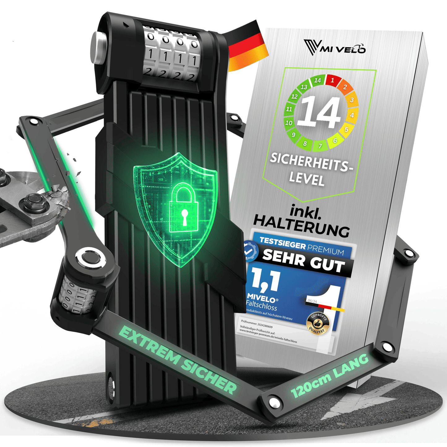 MIVELO - Fahrradschloss NEXUS - Mit Zahlenschloss - Extrem robuster Edelstahl - 120 cm - Schwarz