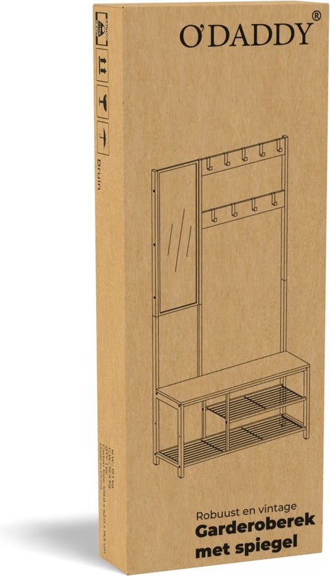 O'DADDY® Garderobe mit Spiegel - Garderobenständer - Schuhablage - Garderobenständer hochkant - Vintage Look - Schwarz und Braun - Schuhablage - Garderobenständer