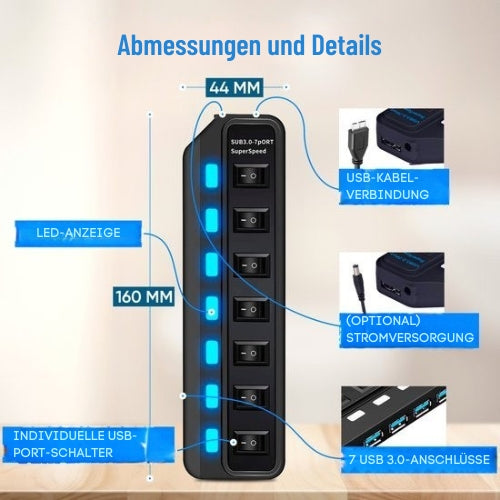 Strex - Mehrfachstecker - 7 Anschlüsse - USB 3.0 Hub - 10m - Schwarz