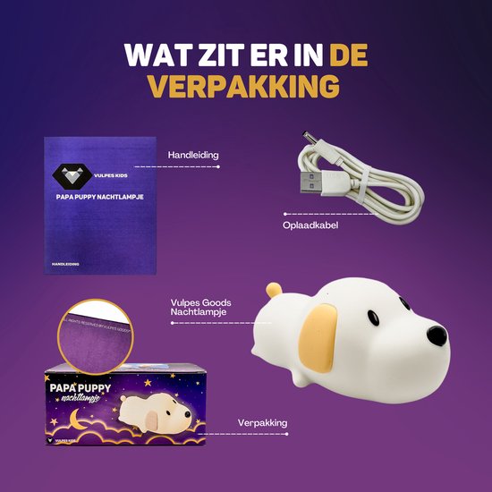 Vulpes Goods® Kinder-Nachtlicht - LED-Licht & 8 Farben - Babyzimmer-Nachtlicht - Welpe - USB wiederaufladbar - Dimmer - Timer - Kabellos - Kinderfreundlich