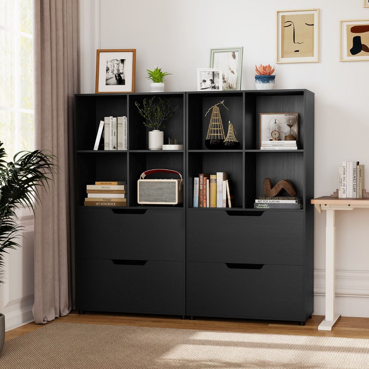Coast Bücherregal – vier offene Einlegeböden – zwei große Schubladen – schwarz – 70 x 33,5 x 130 cm