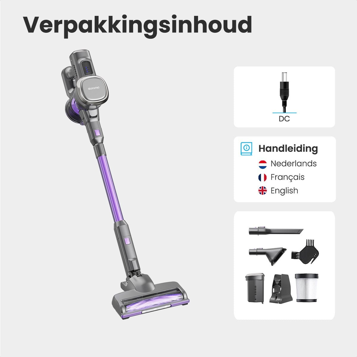 Auronic Stick Staubsauger - Kabellos - Beutellos - Akkubetrieben - Freistehend - 220 W - Grau/Violett
