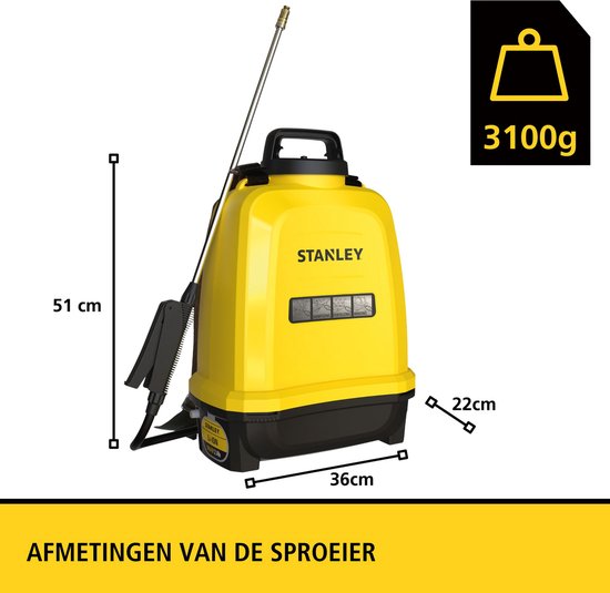 Stanley Drucksprühgerät 12 L hinten, Rückensprühgerät Garten, Drucksprühgerät, elektrisch, wiederaufladbare Lithium-Batterie, Teleskoplanze, verstellbare Düse, Autonomie 2 h, max 5 bar, 0,60 l/Minute, gelb/schwarz