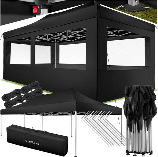 tectake® Faltpavillon – Zusammenklappbar und wasserdicht – Gartenpavillon mit 4 Seitenwänden – Inkl. Heringe, Abspannleinen und Tragetasche – Terrassenüberdachung, Partyzelt – 6 x 3 m – Schwarz