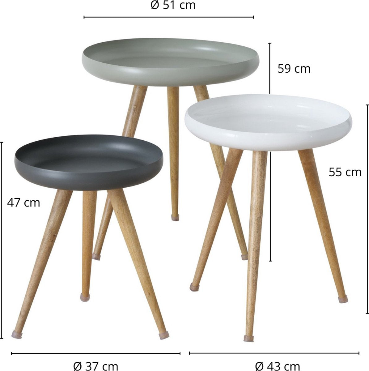 Boltze Masdour Beistelltisch 3er-Set | Ø39-53 cm | H47-60 cm | Schwarz - Weiß - Grau