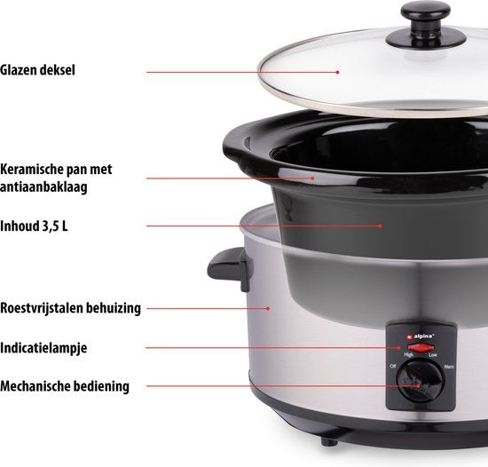 Alpina Slowcooker - 3,5 Liter - Keramik-Innenbehälter - 3 Heizstufen - Edelstahl