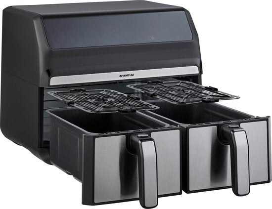 Inventum GF800HLD - Doppel-Luftfritteuse - Heißluftfritteuse - 2 x 4 Liter - 8 Programme - Duale Kochfunktion - 80 bis 200 Grad - PFAS frei - 1700 Watt - Schwarz/RVS