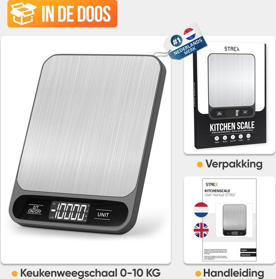 Strex Digitale Küchenwaage - Küchenwaage - 1 g bis 10 kg - Tara-Funktion - Inklusive Batterien - Edelstahl/Schwarz