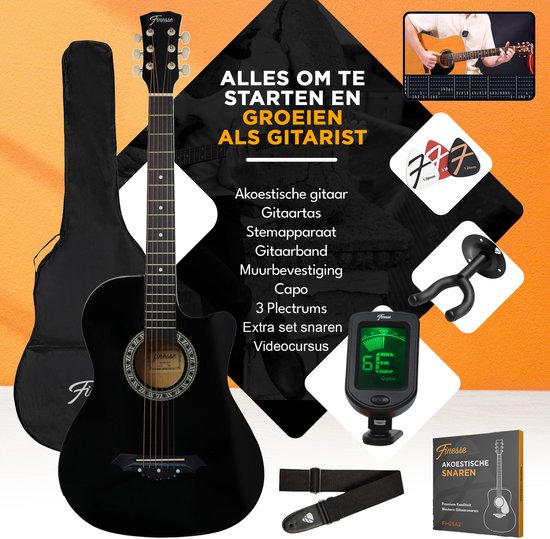 Finesse Akustikgitarre – mit Videokurs – Westerngitarre – Gitarre für Kinder und Erwachsene – Schwarz