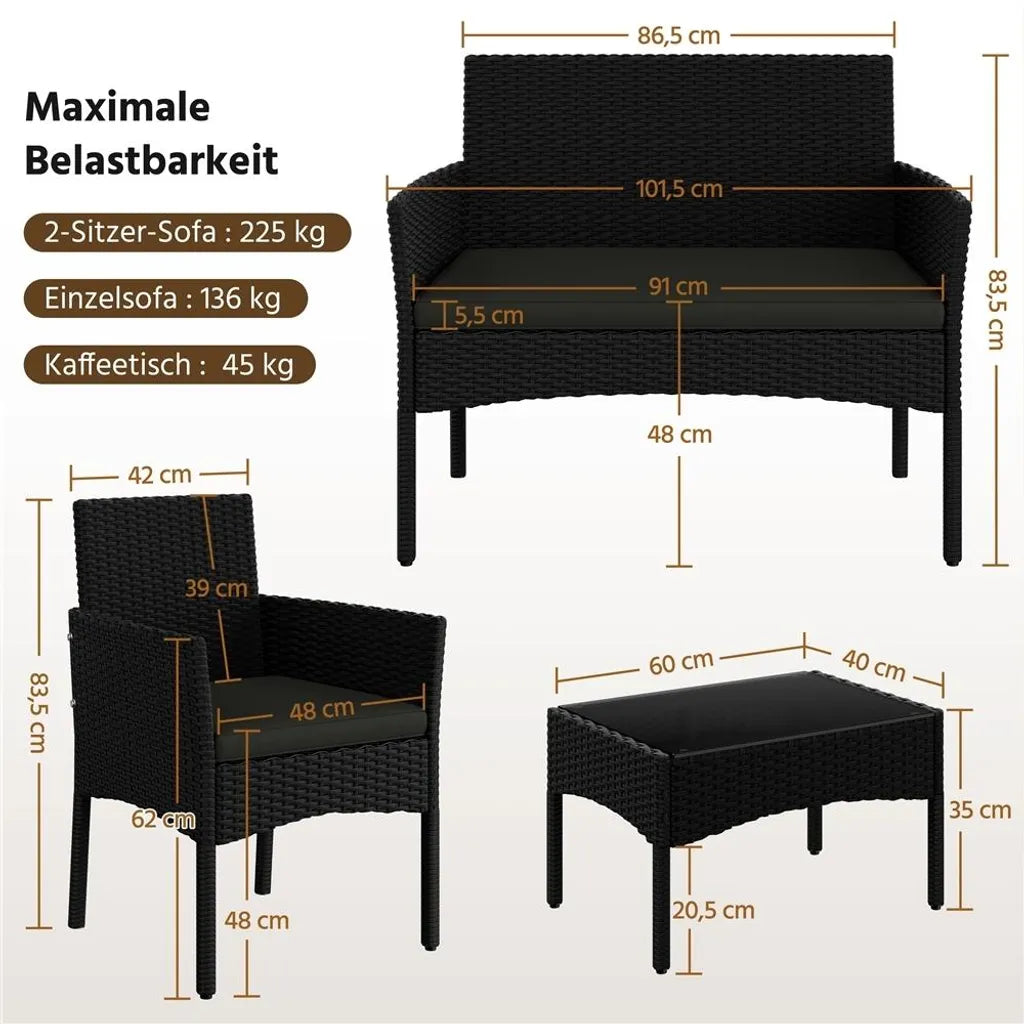 Yaheetech 4-teiliges Lounge-Set für den Garten – Schwarz/Grau – Gartenmöbel-Set aus Polyrattan mit 2-Sitzer-Sofa, 2 Stühlen und Couchtisch