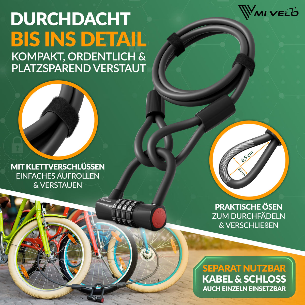 MIVELO Kabelschloss – Fahrradschloss mit Zahlencode – 200 cm langes Stahlkabel – 4-stellige Zahlenkombination