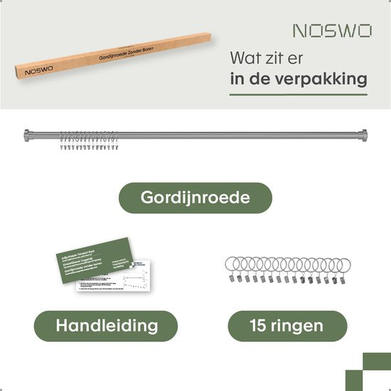 Noswo Vorhangstange Ohne Bohren - 130-230 cm - Inklusive 15 Ringe - Ausziehbar - Duschstange - Duschvorhangstange - Klemmstange - Selbstspannend - Silber