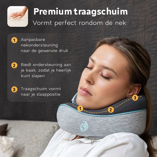 TRAVARA Nackenkissen - Reisekissen - Für Flugzeug - Auto - Memory Foam - Mit Ohrstöpseln - Grau