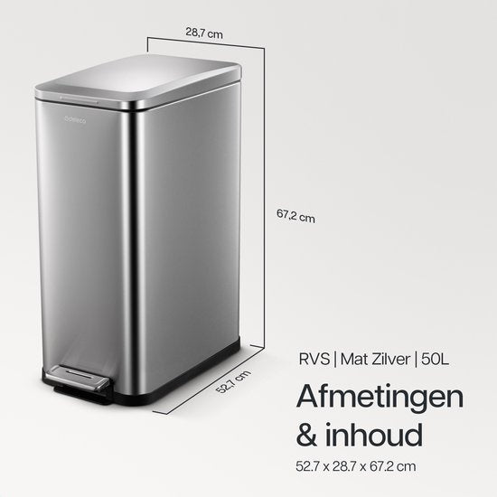 Deleca Mülleimer Prestige - 50 Liter - Schmal - Edelstahl Abfalleimer / Abfallbehälter / Tret-Abfalleimer - Mit Fußpedal und Slow Close - Matt Silber